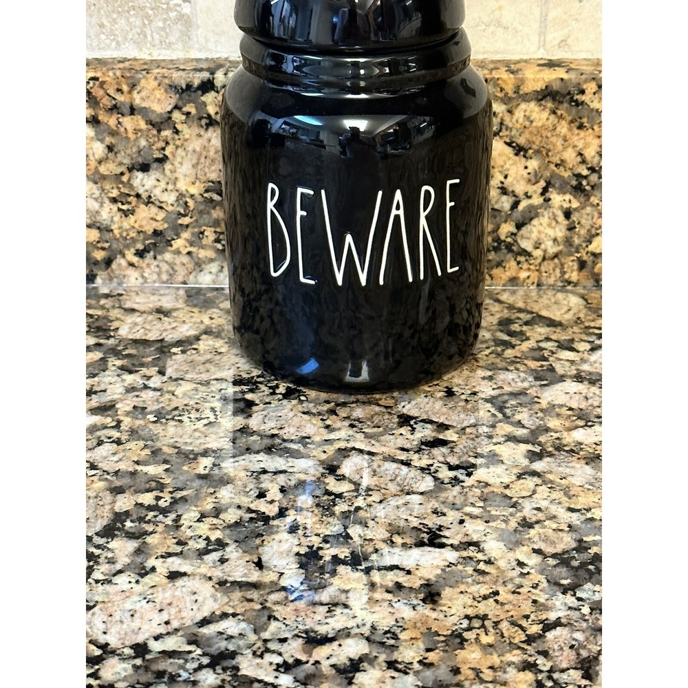Rae Dunn Black BEWARE figural Spooky Cat Halloween Baby canister Cookie Jar NEW - Picture 2 of 3